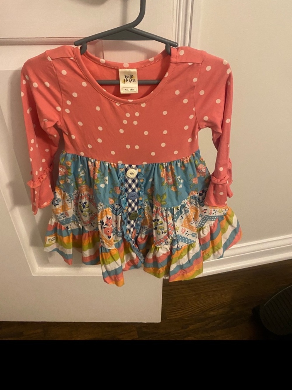 wild flowers Coral Polka Dot Long-Sleeve Tiered Dress with Multicolor Skirt